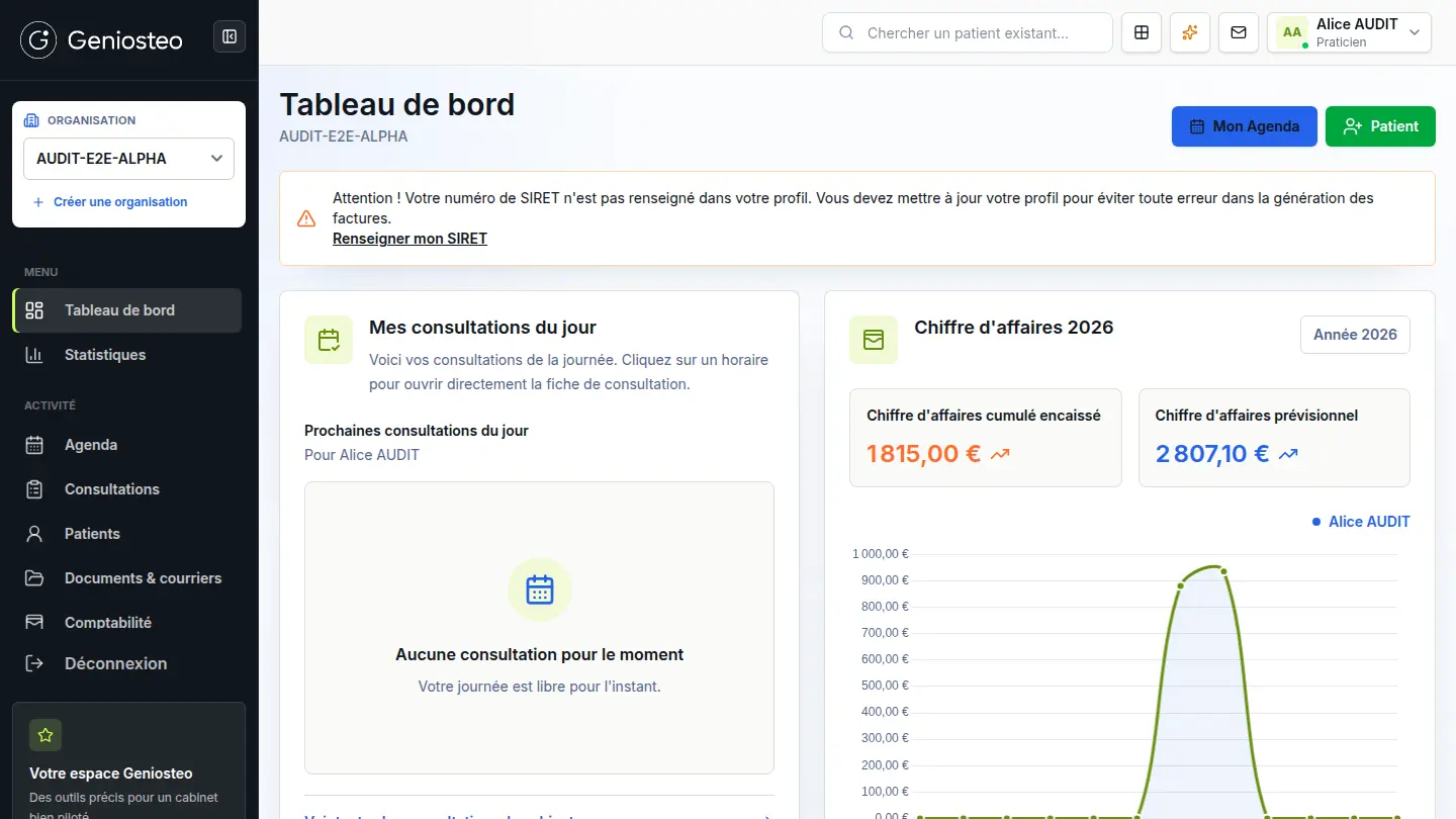 Tableau de bord de l’espace Cabinet Geniosteo Pro